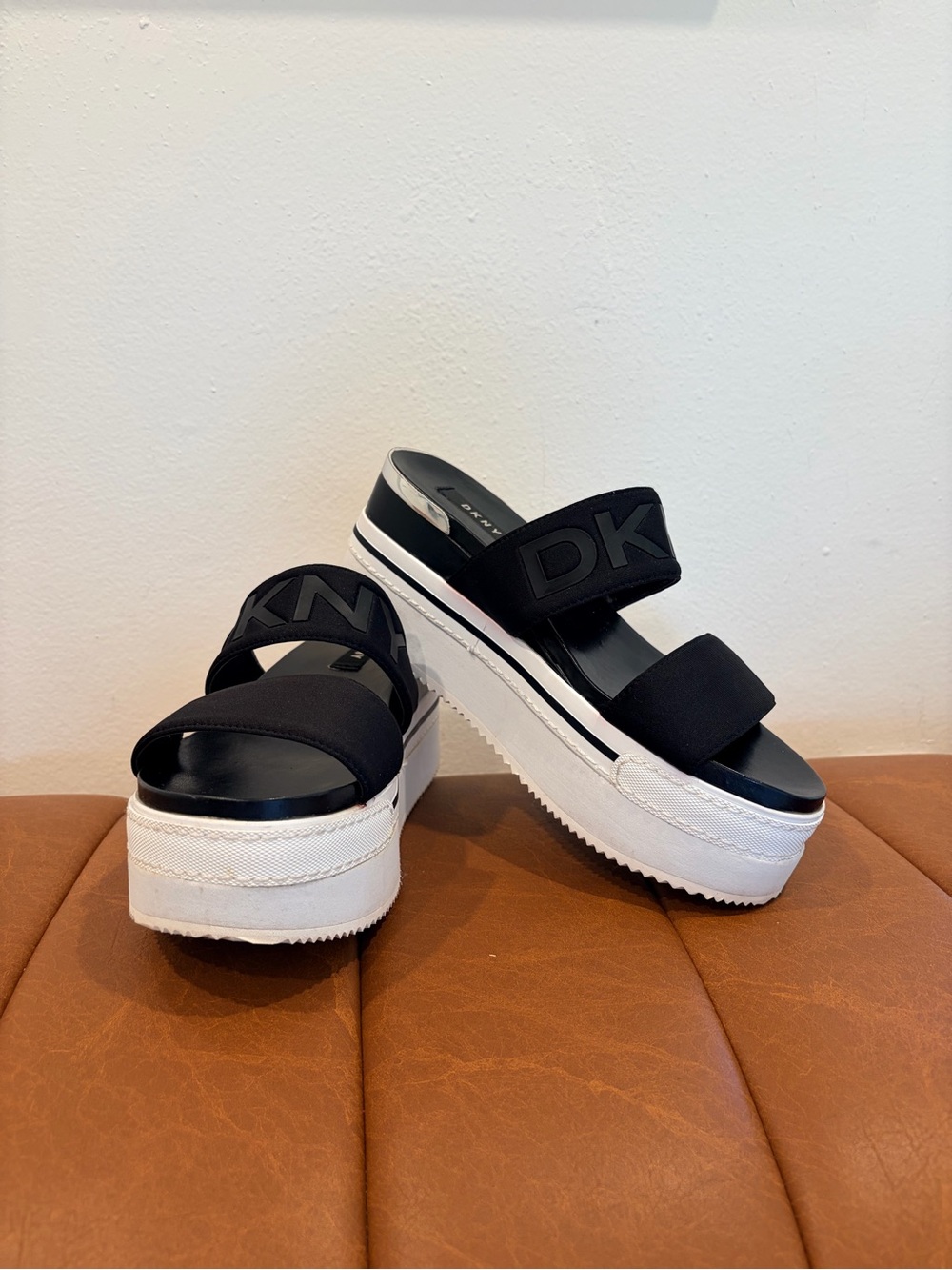 DKNY Black and White Platform Slide Sandals
